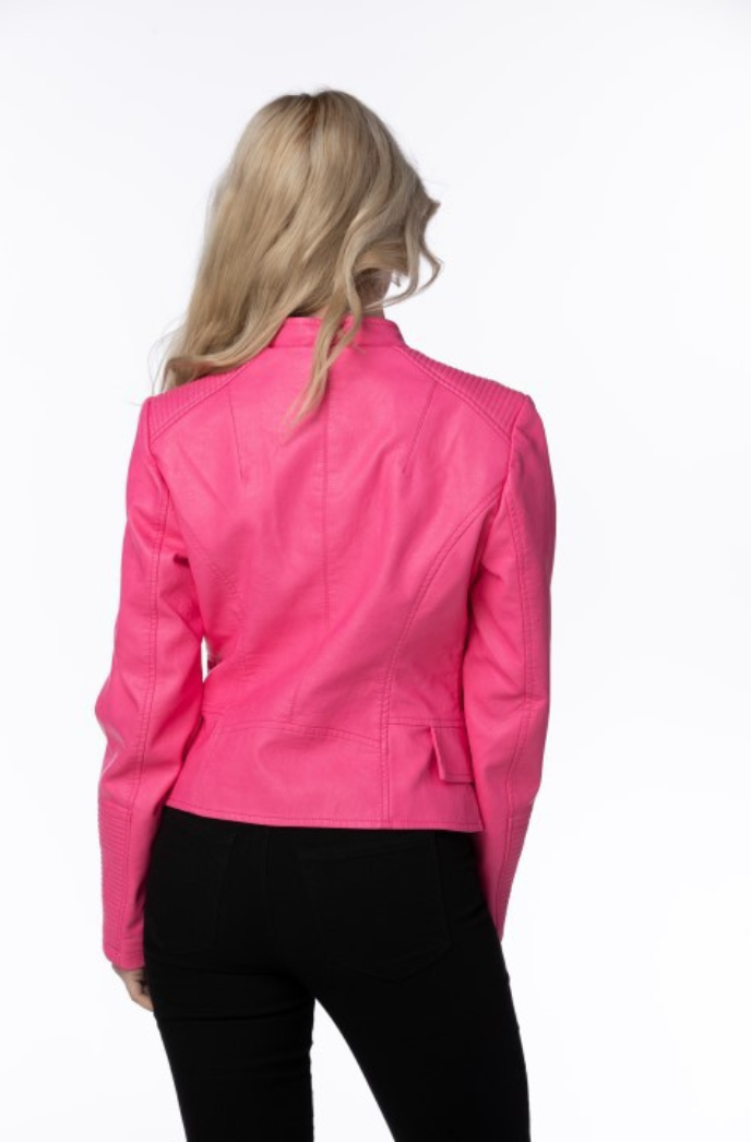 Vegan Flamingo Pink Leather Cropped Motorcycle Jacket